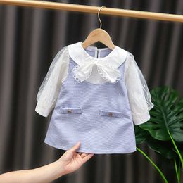 2021 Spring Autumn Baby Girls Dress Children Lace Sweet Bow-knot Princess Dress Cotton Kids O-neck Tops Toddler Infant Clothing Q0716