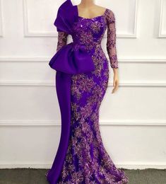 Elegant African Purple Evening Dresses Long Sleeves Scoop Neck Lace Applique Mermaid Prom Gowns with Bow vestidos de fiesta