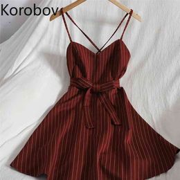Korobov New Chic Striped Dress Women Off Shoulder Sexy High Waist Mini Dresses Korean Summer Beach Style Boho Dress 210430