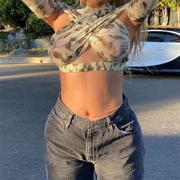 OMSJ Autumn Print Irregular Tops Sexy Hollow Out Camis Crop Top Women Fashion Streetwear Club Outfits Slim Tee Casual 210517