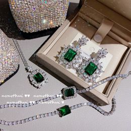 Brilliant Green Zircon Earrings Bracelet Luminous Full Diamond Earring Flower Crystal Bracelets Women Wedding Jewelry Sets
