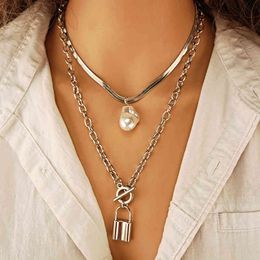 Fashion Vintage Baroque Irregular Pearl Multi-layer Lock Chain Necklace Geometric Collar Choker Necklaces for Women Punk Jewellery