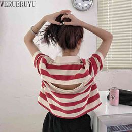 WERUERUYU Korean Summer Women Polo Collar Short Sleeve T-Shirts Sweet Student Thin Knitted Top 210608