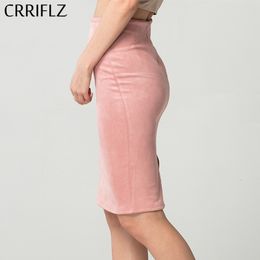 CRRIFLZ Autumn Winter Women Skirts Suede Solid Pencil Skirt Female High Waist Bodycon Vintage Split Thick Stretchy 210520