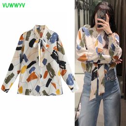 Summer White Graffiti Tie Dye Print Women Blouses Fashion Front Bow Button Up Shirts Woman Long Sleeve Chic Casual Tops 210430