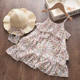 Baby Girls Sling Cake Dress Summer Fashion Toddler Kids Party Dresses with Hat 2Pcs Flower Outfits Gown Children Beach Clothes G1026