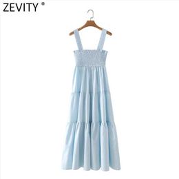 Zevity Women Holiday Elastic Patchwork Solid Casual Sling Midi Dress Female Chic Spaghetti Strap Summer Party Vestido DS8213 210603