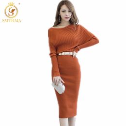 Autumn And Winter Korea Knit Dress Sexy Slash Neck Orange Black Women's Runway Sweater Dresses Vestidos Free Belt 210520