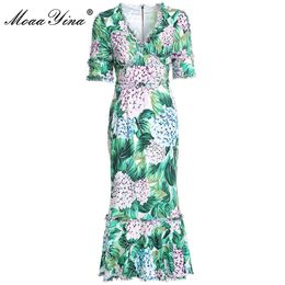 Runway Summer Dress Womens Short Sleeve V neck Sexy Mermaid Green Hortensia Floral Print Ruffles Midi 210524