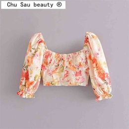 Chu Sau beauty Women Summer Shirt Top Casual Holiday Square Collar Puff Sleeve Floral Short Cropped Navel Crop Tops Womam Blouse 210323