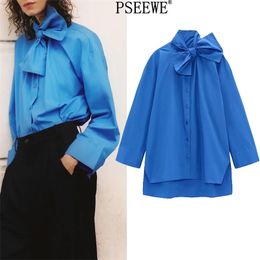 Blue Bow Long Shirt Women Spring Long Sleeve Button Up Oversized Woman Fashion Irregular Hem Elegant Blouses 210519