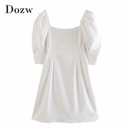 Summer Elegant White Mini Dress Women Fashion Puff Sleeve Pleated Party es Square Collar Casual Tunic Vestidos 210515