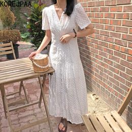 Korejpaa Women Dress Summer Korea Chic Gentle Cross V-Neck Small Breasted High Waist Puff Sleeve Embroidered Flower Vestido 210526