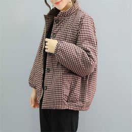 Autumn Winter Arts Style Women Stand Collar Cotton Plaid Short Coats Loose Casual Single Breasted Thicken Jackets Big Size M496 210512