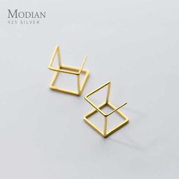 Geometric Cube Square Gold Colour Stud Earrings Charm Luxury 925 Sterling Silver Earring For Women Fine Jewellery 210707