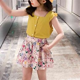 Summer Suit Solid Top+Flower Skirt 2Pcs Girl Set Girls Clothes Children Clothing Kids Costume For 210528