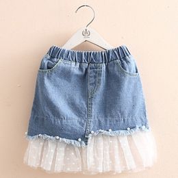 Summer 3 4 6 8 9 10 12 Years Kids Cotton School Dot Lace Patchwork Pearl Denim Skirt With Pocket For Baby Girls 210529
