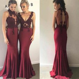 Burgundy Bridesmaid Dresses For Western Weddings High Neck Hollow Out Applique Lace Maid Of Honour Gowns Mermaid Evening Prom Vestidos M60