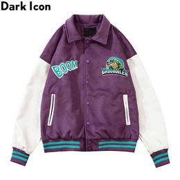 Dinosaur Embroidery Turn-down Collar Men's Jacket Unisex Street Fashion Jackets Men Streetwear Clothes 210603