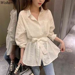 Shirts KoreanTurn Down Collar Lace-up Blouse Women Slim Hollow Out Elegant Blusas Long Sleeve Fashion Tops Female 210519