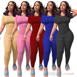 Women Tracksuits Two Piece Set Solid Casual Sexy Sports Suit Home T-Shirts Trousers Knitted Outfits Tracksuit Bodycon