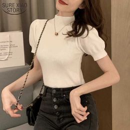 Summer Knitted Shirts Women Solid Half Turtleneck O Neck Short Puff Sleeve Female Casual Loose Casual Cotton LadyTops 10375 210527