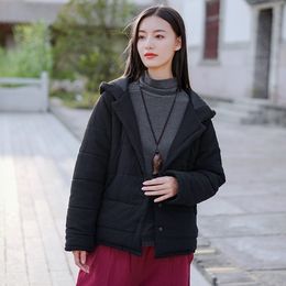 Johnature Autumn Winter Cotton Linen Pockets Warm Hooded Jacket Coat Loose Retro Long Sleeve 3 Colour Women Thick Coats 210521