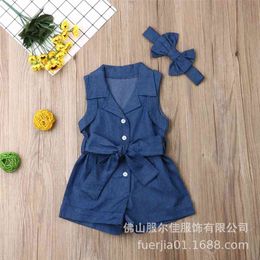 Arrivals Summer Baby Girl Clothes Sleeveless Bow Turn-down Collar Romper Jumpsuit Headband 2PCS Outfis Set 1-6T 210629