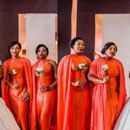 African Sheath Bridesmaid Dresses with Cape Winter Autumn Orange Unique Designer Plus Size Wedding Guest Gowns Custom Dubai Maid of Honor Dress