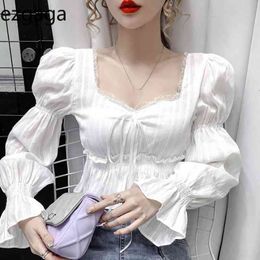 Ezgaga Blouse Women Fashion Lace V-Neck Puff Sleeve Lace Up Solid Slim Spring New Elegant Shirts Korean Crop Tops Casual Blusas 210430