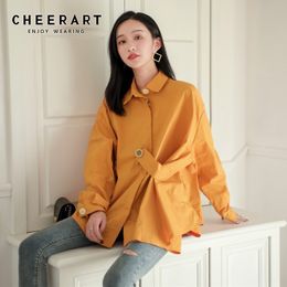 Yellow Long Sleeve Korean Shirts Blouses Loose Solid Colour Button Up White Casual Tops For Women Clothing 210427