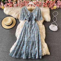 Summer Chiffon Dress Floral Print Short Sleeve Beach Style Korean Vestidos De Mujer Pleated Woman Dresses Robe 210519
