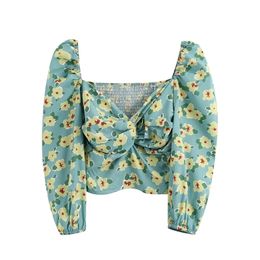 Women Fashion Floral Print Draped Short Blouses Vintage Puff Sleeve Back Elastic Smocks Female Chic Shirt Tops 210520