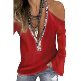 Hot T-Shirts apparel Sexy Sequins V Neck Cold Shoulder Long Sleeve T-Shirt Women Solid Colour Top X0527