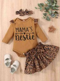 Baby Slogan & Leopard Print Bodysuit & Bow Skirt & Headband SHE