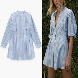 Za Spring Striped Shirt Dress Women Long Sleeve Waist Darts Vintage Mini Dresses Woman Fashion Button Up Elegant Vestidos 210602