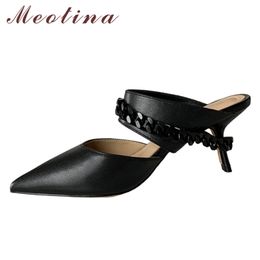 Women Slippers Genuine Leather Shoes Pointed Toe High Heels Sandals Kitten Heel Metal Decoration Mules Lady Slides White 210517