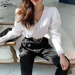 Solid White Blouse Office Lady Shirt Cotton Korean Chic Women Fashion V-neck Plus Size Loose Tops Blusas Blouses 12870 210427