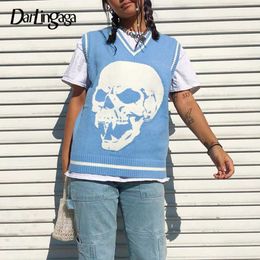 Darlingaga V Neck Skulls Print Autumn Sweater Vest Fashion Loose Pullover y2k Top Jumpers Harajuku Knitwear Woman Sweaters 2020 X0721