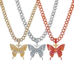 Luxury Jewelry Butterfly Pendant Necklaces Women Iced Out Cuban Link Chains Crystal Rhinestone Animal Anime Hip Hop Necklace Gold Pink Silver Blue Color