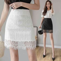 Tingyili Hollow Out Lace Mini Skirts Womens High Waist Elegant Office Ladies Pencil Skirt Summer Black White Short Korean X0428