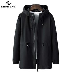 SHAN BAO autumn and winter brand classic style zipper pocket long windbreaker young men's casual hooded jacket black khaki 211011
