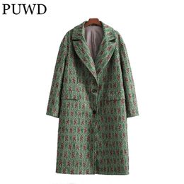 PUWD Vintage Women Loose V Neck Woolen Coat Autumn Fashion Ladies Green Pockets Casual Long Jackets Female Chic Outwear 211110