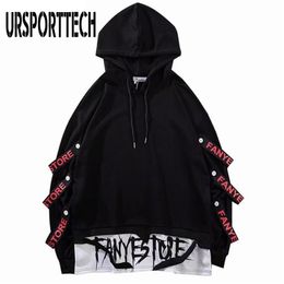Black Hooded Fake Two Pieces Hoodies Sweatshirts Men Long Sleeve Drawstring Letter Ribbons Pullover Casual Hip Hop Streetwear 210715