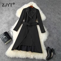 Fashion Autumn Clothing Women Runway Designers Notched Collar Beading Irregular Black Office Dresses Elegant Lady 210601