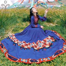 YOSIMI Maxi Long Women Dress Autumn Vintage Ethnic Style Retro Print Embroidery Sleeve Ankle-Length Blue es 210604
