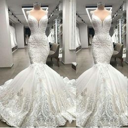 2021 Sexy Arabic Aso Ebi Luxurious Mermaid Wedding Dresses Spaghetti Straps Full Lace Appliques Pearls Beading Sleeveless Plus Size Long Bridal Gowns Robe De Mariee