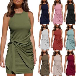 Arrival Summer Sleeveless round neck pleated BOW BELT DRESS Slim S-XXL high quality for women girl