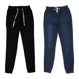 Jeans pour femmes 2pcs Femmes Casual Pantalon de jogger Cordon à cordon élastique Taille Solide Denim - Noir M Blue Dark L