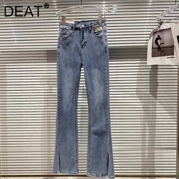 DEAT Spring Arrivals Solid Color Nature Waist Pocket Cloth Pants Leg Split Slim Fit Jeans Flared Pants MZ397 210709